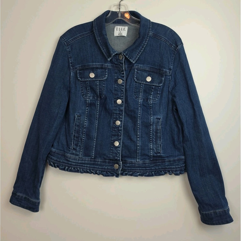 Elle Denim Trucker Jacket Women's‎ Size XL Blue Pockets Ruffle Button-Up